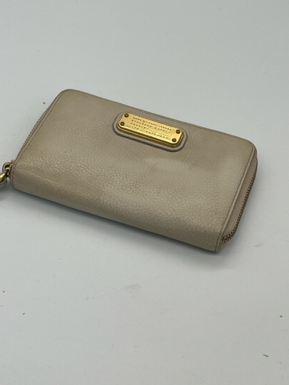 Marc By Marc Jacobs Taupe Leather Zip Around Wallet with Gold Plaque